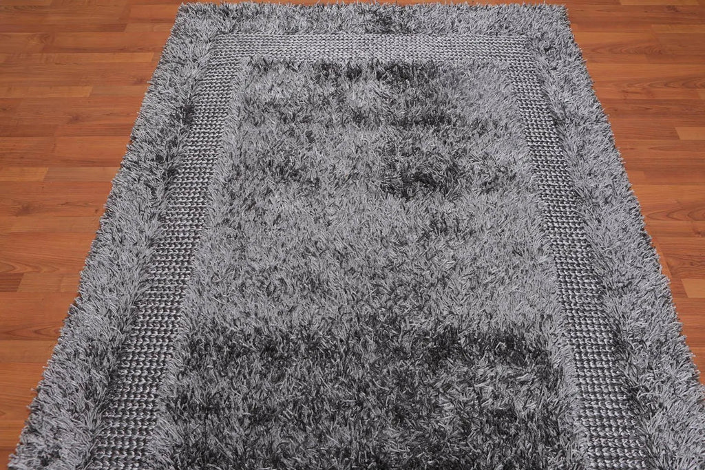 5'x7'6 Handmade Polyester Shag Oriental Area Rug Silver Gray Color-3